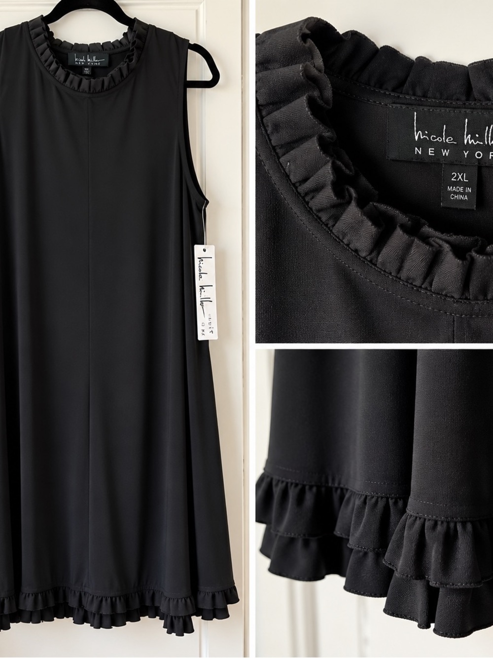 Nicole Miller New York 2XL Black Mock Neck Ruffle A-Line Dress Sleeveless